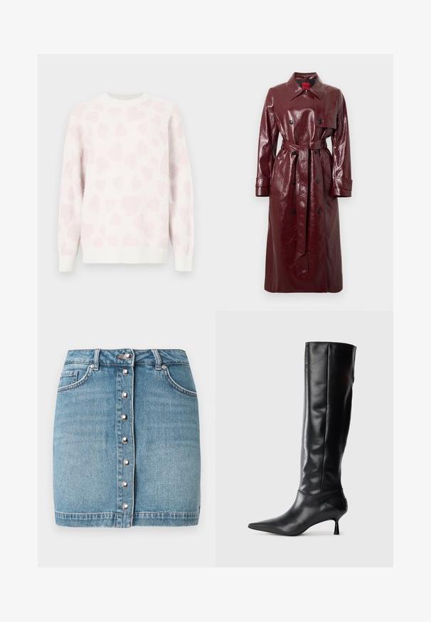 Bordeauxrode glanzende trenchcoat met een tailleceintuur, dubbele knoopsluiting aan de voorkant, grote kraag en twee voorzakken. Soepele, glanzende textuur.; Witte trui met een zachte textuur, voorzien van een roze hartpatroon. Ronde hals en geribbelde boorden benadrukken het ontwerp.; Lichtblauwe denim minirok met een voorste knoopsluiting met zilverkleurige details, twee steekzakken aan de voorkant en een rafelige zoom.; Zwarte leren kniehoge laars met een spitse neus en slanke gebogen hak. Gladde textuur, aansluitend ontwerp en geen zichtbare hardware of patronen.