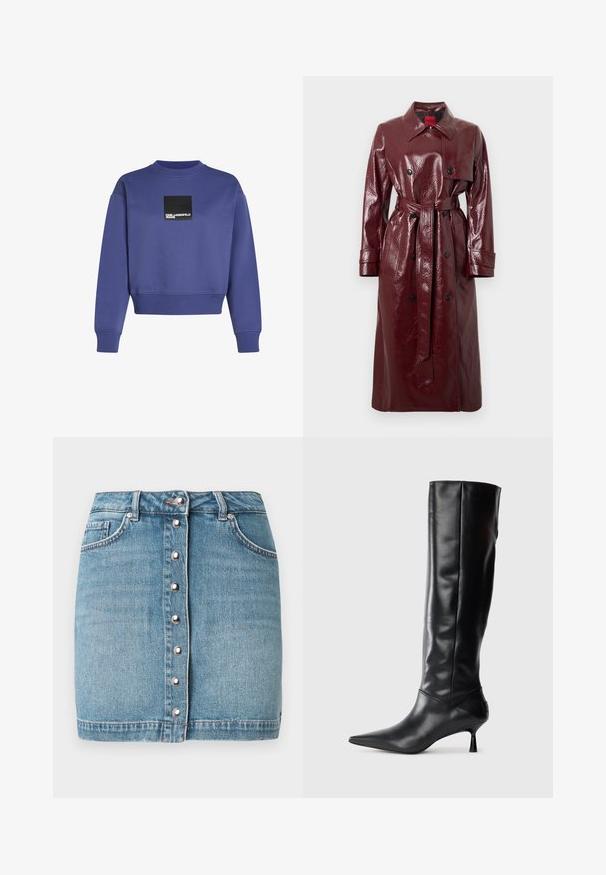 Gabardina brilhante bordô com cintura cingida por cinto, frente de abotoamento duplo, gola grande e dois bolsos frontais. Textura lisa e brilhante.; Sweatshirt roxo com um decote e punhos canelados. Apresenta um retângulo preto com texto em branco. Tecido em mistura de algodão, ajuste casual.; Mini saia de ganga azul claro com fecho de botões na frente com acessórios prateados, dois bolsos frontais e acabamento com bainha desfiada.; Bota preta de couro até ao joelho com bico fino e salto curvado e esguio. Textura suave, design ajustado e sem elementos metálicos ou padrões visíveis.