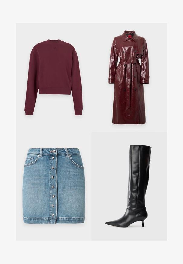 Trench coat bordeaux lucido con cintura, davanti doppiopetto, grande colletto e due tasche frontali. Texture liscia e lucida.; Felpa bordeaux corta con maniche lunghe, realizzata in tessuto morbido, con collo alto e logo in rilievo sul davanti.; Minigonna di denim azzurro chiaro con chiusura frontale a bottoni con ferramenta argentata, due tasche frontali e orlo sfrangiato.; Stivale in pelle nera alto fino al ginocchio con punta affusolata e tacco sottile e curvato. Texture liscia, design aderente e senza hardware o motivi visibili.