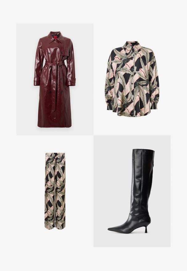 Bordo blizgus tranšėjos paltas su diržu juosmenyje, dvigubo sagstymo priekyje, dideliais atlapais ir dviem priekinėmis kišenėmis. Lygus, blizgus paviršius.; Suknelė su mygtukais, pagaminta iš šilko mišinio, su juodu pagrindu ir abstrakčiu lapų raštu žaliai ir rausvai. Pūkuotos rankovės su elastingais manžetais.; Palazzo kelnės su juodu pagrindu ir ryškiu lapų raštu žalia, kreminės ir raudonos spalvos, su elastinga juosmens linija patogumui.; Juodai odiniai iki kelių batai su smailiu pirštu ir plonu lenktu kulnu. Lygus paviršius, prigludęs dizainas ir be matomų detalijų ar raštų.