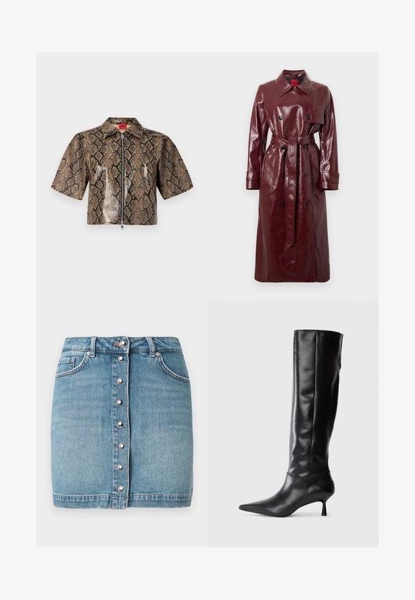 Bordo sjajni baloner s remenom u struku, dvostrukim kopčanjem sprijeda, velikim ovratnikom i dva prednja džepa. Glatka, sjajna tekstura.; Jakna kratkih rukava, skraćena, s uzorkom smeđe i crne zmijske kože, prednjim zatvaračem i oštrim ovratnikom.; Svijetloplava mini suknja od trapera s prednjim zatvaračem na gumbe sa srebrnom opremom, dvjema prednjim džepovima i obrubljenim rubom.; Crna kožna čizma do koljena s oštrim vrhom i uskim zakrivljenim petama. Glatka tekstura, prilagođeni dizajn i bez vidljivih dodataka ili uzoraka.