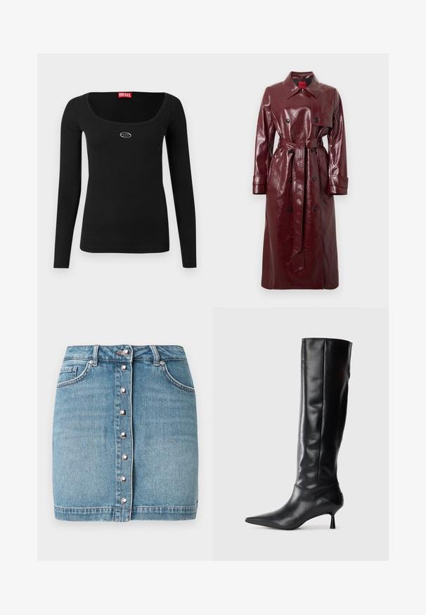 Burgundy glossy trench coat with a belted waist, double-breasted front, large collar, and two front pockets. Smooth, shiny texture.; Black long-sleeve top made of ribbed fabric, featuring a wide scoop neck and a small silver logo on the chest. Smooth texture.; Light blue denim mini skirt featuring a front button closure with silver hardware, two front pockets, and a frayed hemline.; Black leather knee-high boot with a pointed toe and slim curved heel. Smooth texture, fitted design, and no visible hardware or patterns.