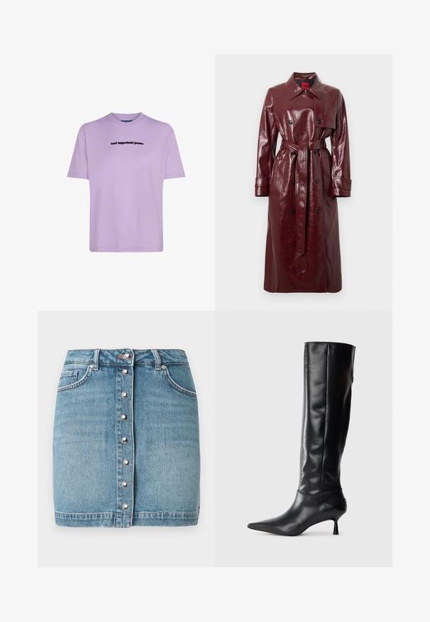 Viininpunainen kiiltävä trenssitakki, jossa on vyöllinen vyötärö, kaksirivinen etuosa, suuri kaulus ja kaksi etutaskua. Sileä, kiiltävä pinta.; Laventelinsininen puuvillat-paita, jossa on lyhyet hihat, pyöreä pääntie ja musta "karl lagerfeld jeans" -logo rinnassa.; Vaaleansininen farkkuhame, jossa on etuosassa hopeiset napit, kaksi etutaskua ja rikottu helma.; Mustat nahkasaappaat polvipituisina, joissa on terävä kärki ja kapea kaareva korko. Suora pinta, tiukka muotoilu eikä näkyvää hardwarea tai kuvioita.