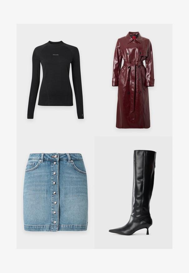 Bourgogne glansfuld trenchcoat med bælte i taljen, dobbeltradet front, stor krave og to forlommer. Glat, skinnende tekstur.; Sort, tætsiddende langærmet skjorte med rund hals og "Woolxweiler"-logo centreret på brystet.; Lyseblå denim mininederdel med frontknaplukning i sølvfarvet metal, to forlommer og en frynset kant.; Sorte læder knæhøje støvler med spids tå og slank buet hæl. Glat tekstur, tætsiddende design og ingen synlig hardware eller mønstre.