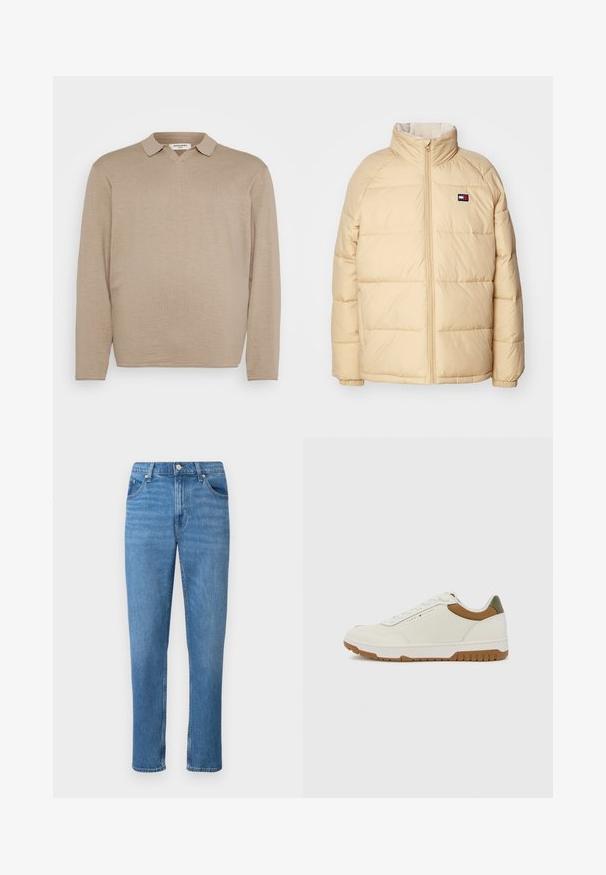Beige péřová bunda s vysokým límcem, zipovým zapínáním, prošívaným designem a elastickými manžetami. Disponuje malým logem na levé straně hrudi.; Béžová polokošile s dlouhým rukávem a výstřihem do "V", která má límeček a jemnou, hladkou texturu. Minimalistický design bez viditelných vzorů nebo akcentů.; Modré džínové kalhoty se rovně střiženými nohavicemi, s klasickým pětikapsovým stylem, předním zapínáním na knoflík a jemnými detaily v oblasti vyblednutí.; Tommy Hilfiger BASKET CORE - Tenisky - ecru/army green
