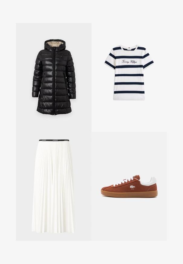 Černá péřová bunda s zipem vpředu, kapucí a dvěma bočními kapsami. Vyrobena z lesklého materiálu s prošívaným vzorem a lehkým designem.; Bavlněné tričko s horizontálními námořnickými pruhy na bílém pozadí. Na hrudi je výšivka "Tommy Hilfiger" v kurzívě. Kulatý výstřih.; Záhybová bílá sukně s černým elastickým pasem s logem "LACOSTE". Suška je střední délky a má jemnou texturu.; Lacoste BASESHOT 224 - Tenisky - brown