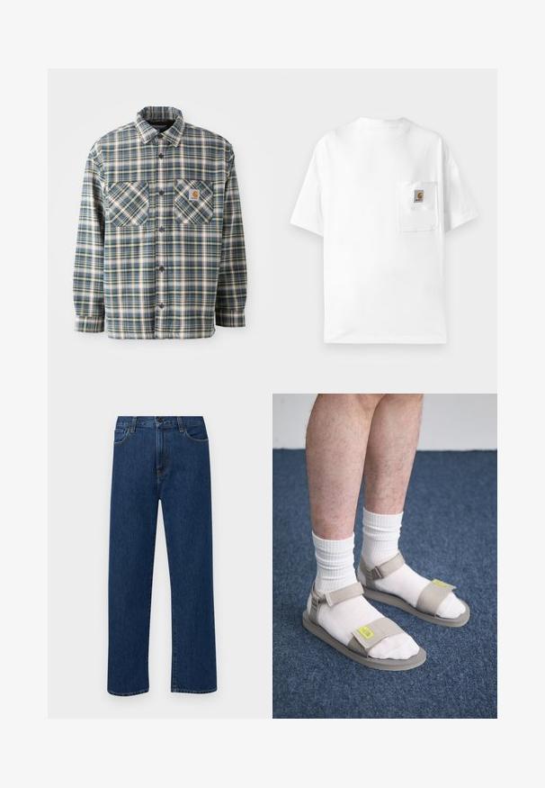 Sinine, roheline ja koorene ruuduline flanell-särk nööpide jaoks. Omab kahte rinna taskut, ümarat kraed ja tumedaid nuppe. Puuvillane materjal.; Valge puuvillane T-särk ümmarguse kaelusega, lühikeste varrukatega ja rinna taskuga, millel on logotootja patch. Minimalistlik disain ja sujuv tekstuur.; Tumedat sinised sirged teksapüksid esikottide ja nupuklõpsuga, esitatud helesinisel taustal.; Beezhiv sandaalid kohandatavate rihmadega, kantud valgete sokkide üle. Taldrikud on lamedad ja tekstuuriga. Taustal sinine vaip.