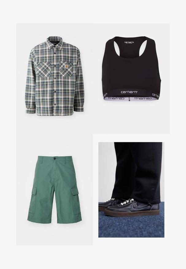 Hemd aus Flanell in Blau, Grün und Creme-Karomuster. Verfügt über zwei Brusttaschen, einen abgerundeten Kragen und dunkle Knöpfe. Aus Baumwollmaterial.; Schwarzer Sport-BH mit rundem Ausschnitt und Racing-Rücken-Design. Verfügt über einen verstärkten Bund mit weißem "Carhartt"-Branding. Weicher Stoff.; Grüne Cargo-Shorts aus strukturiertem Stoff, ausgestattet mit zwei Seitentaschen und einem vorderen Knopfverschluss. Enden oberhalb des Knies mit genähtem Saum.; Nike Sportswear KILLSHOT 2 LTR PRM OPP2 - Sneaker low - black sail baroque brown mtlc dk grey