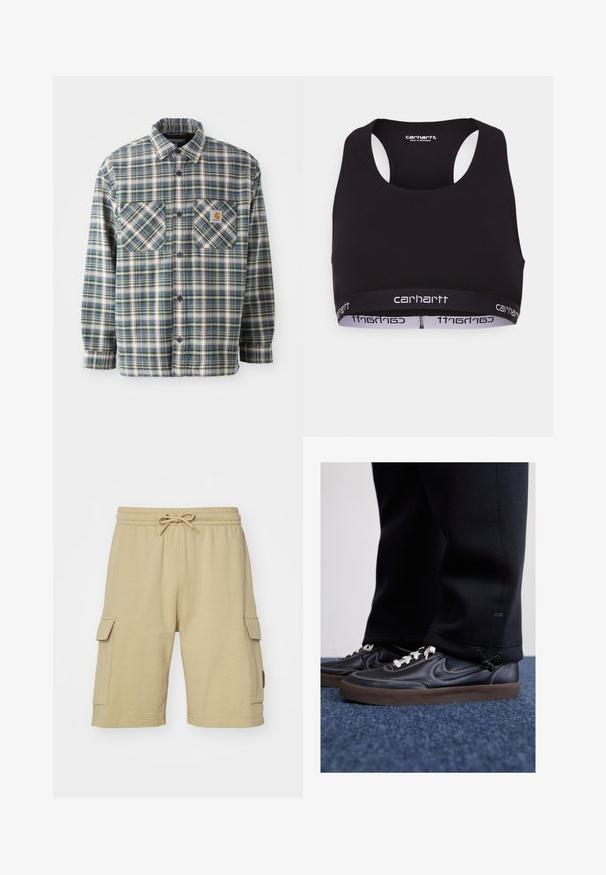 Košeľa s gombíkmi z flanelu v modrej, zelenej a krémovej kárované vzore. Obsahuje dve náprsné vrecká, zaoblený golier a tmavé gombíky. Vyrobené zo 100% bavlny.; Čierny športový podprsenka s okrúhlym výstrihom a dizajnom so závodným chrbtom. Obsahuje zosilnený pás s bielym brandingom "Carhartt". Mäkka textúra látky.; Béžové bavlnené cargo šortky s elastickým pásom, šnúrkou na stiahnutie a bočnými vreckami. Hladká textúra a dizajn s dĺžkou po kolená.; Nike Sportswear KILLSHOT 2 LTR PRM OPP2 - Tenisky - black sail baroque brown mtlc dk grey