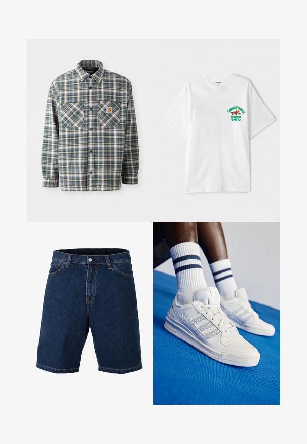 Pogu augšā flaneles krekls zilā, zaļā un krēmkrāsā svītrā. Iezīmē divas krūšu kabatas, noapaļotu apkakli un tumšas pogas. Kokvilnas materiāls.; Balts kokvilnas T-krekls ar zaļu un sarkanu grafiku kreisajā krūtī, kas lasāms "cashart Who Pronto Subito." Īsas piedurknes.; Tumši zili džinsus šorti ar taisnu griezumu, parastu jostasvietu un metāla pogas aizdari; tiem ir kontrastējoša dzeltena šuvju un maliņu apdare.; Baltas ādas sneakeri ar perforētiem akcentiem, trim metāliskiem svītrām un strukturētu sānu paneļu. Valkāti ar baltiem zeķēm, uz kurām ir zilas svītras.