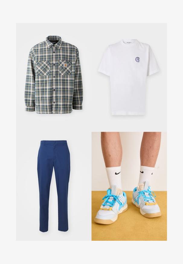 Košulja od flanela s gumbima u plavoj, zelenoj i krem boji u karirano. Ima dva džepa na prsima, zaobljeni ovratnik i tamne gumbe. Materijal je pamučan.; Bijela pamučna majica kratkih rukava, s okruglim izrezom i malim, plavim izvezenim logom "C" na lijevoj strani prsa.; Mornarsko plave chinos hlače od glatkog materijala, s kopčanjem na dugme, petljama za remen i suženim nogavicama. Minimalistički dizajn bez uzoraka.; Svijetloplave tenisice s bež potplatima, s naglašenim tirkiznim vezicama i žutim detaljima. Teksturirani materijali i vidljiva zračna amortizacija.