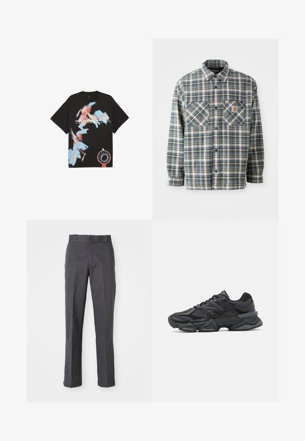 Button-up flannel shirt in blue, green, and cream plaid. Features two chest pockets, rounded collar, and dark buttons. Cotton material.; Black cotton t-shirt featuring abstract blue and red paint splashes, with "HOOPTORIA" and "WISH YOU WERE HERE" text and a basketball hoop graphic.; Dark gray trousers made of cotton blend, featuring a straight-leg design, front pockets, and a button closure at the waist.; Black running shoe featuring a mix of mesh and synthetic materials, chunky sole, curved design, and prominent branding on the side.