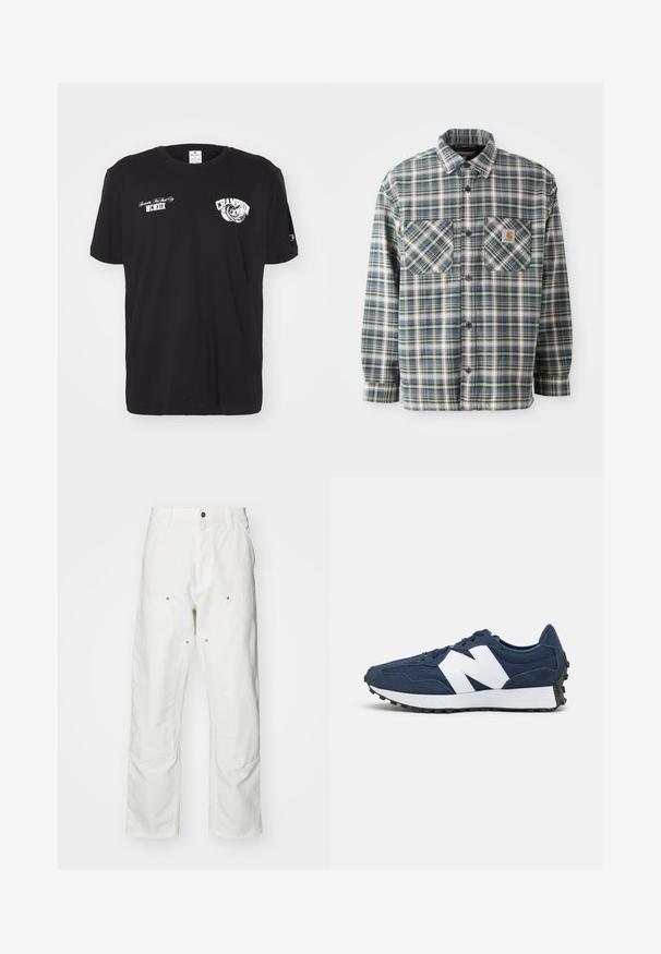 Srajca iz flanela s kratkimi rokavi v modri, zeleni in kremni karirni vzorec. Ima dve prsni žepki, zaobljen ovratnik in temne gumbe. Iz bombažnega materiala.; Črna bombažna majica s kratkimi rokavi, okroglo izrezana, z belim "Champion" logom in besedilnimi odtisi spredaj in na rokavu.; Bela bombažna cargo hlače z udobnim krojem. Značilnosti vključujejo sprednje žepe, zlato poudarjeno kovinsko opremo in ojačane kolenske dele.; Mornarske modre športne čevlje z belim logotipom, z zgornjim delom iz žameta in mrežaste tkanine, z oblazinjeno ovratnikom, ravnimi vezalkami in teksturiranega črnega gumijastega podplata.