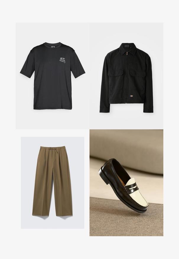 Casaco de algodão preto com fecho de zip, gola de bico, dois bolsos frontais de remendo e etiqueta com logótipo na bainha. Textura suave, design casual.; Camisa de desporto preta de manga curta com pequenas perfurações nas laterais e o texto "KARMA" com um gráfico de olho no lado esquerdo do peito.; Calças largas em verde oliva, feitas de tecido suave com um cós elástico e cordão ajustável. Apresenta dois bolsos laterais.; Mocassim de couro preto com uma pala em tom creme e riscas pretas de destaque, apresentando um salto baixo e costura detalhada ao longo das bordas.