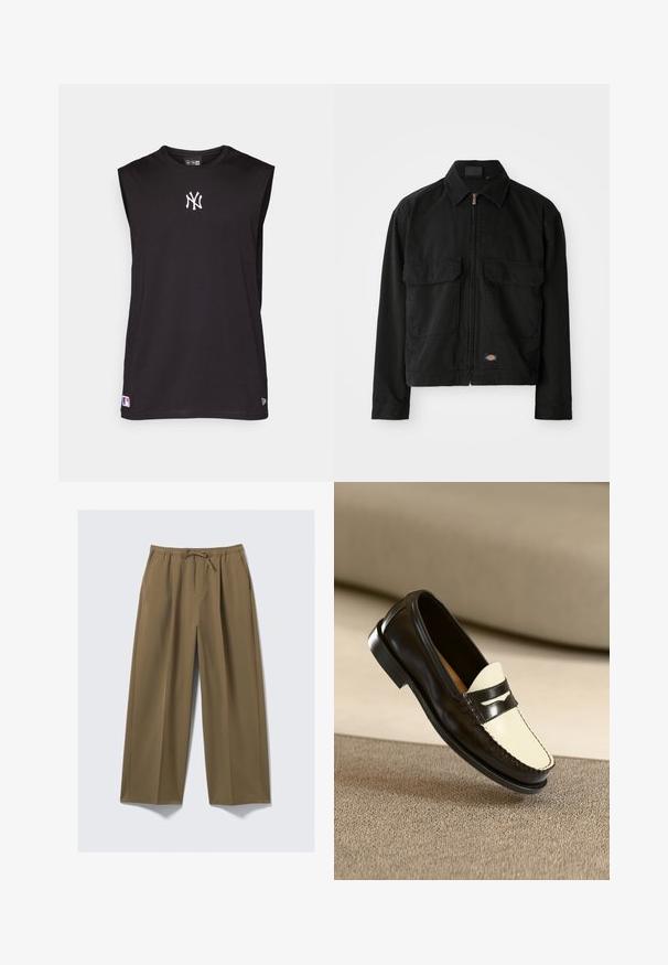 Fekete pamut dzseki cipzárral, hegyes gallérral, két elülső zsebbel és logóval a szegélyen. Simább textúra, laza kialakítás.; Ujjatlan fekete trikó sima anyagból, fehér hímzett logóval, valamint egy kis logócímkével az alján.; Olíva zöld, széles lábú nadrág, puha anyagból, rugalmas derékkal és állítható húzózsinórral. Két oldalsó zsebet tartalmaz.; Fekete bőr loafert tartalmaz, krémszínű felsőrésszel és fekete díszcsíkokkal, alacsony sarkú, és részletes varratokkal az éleken.