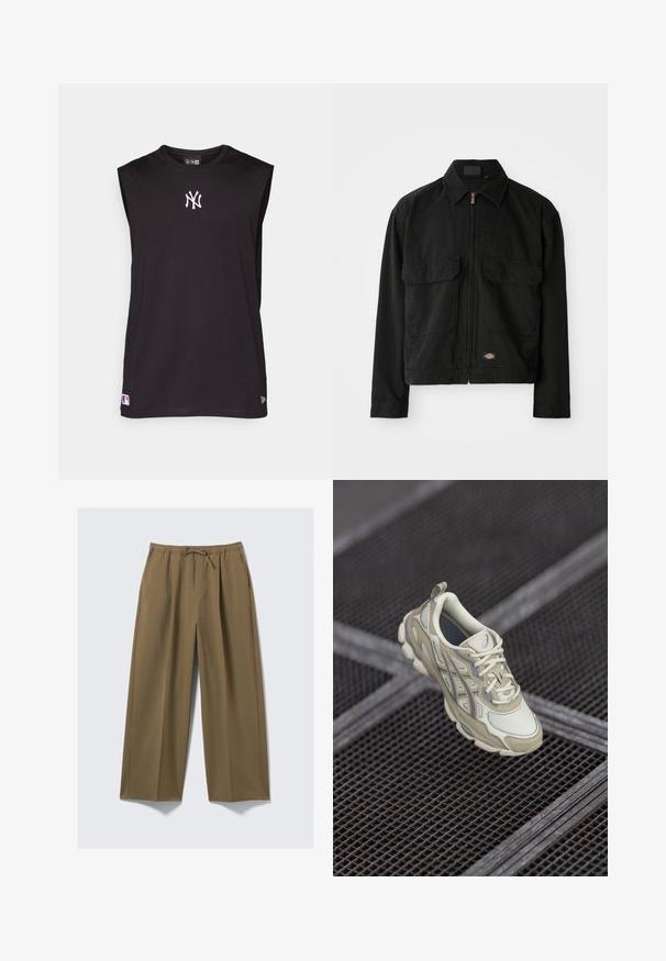 Casaco de algodão preto com fecho de zip, gola de bico, dois bolsos frontais de remendo e etiqueta com logótipo na bainha. Textura suave, design casual.; Camisola preta sem mangas feita de tecido suave, com um logótipo bordado branco e uma pequena etiqueta de logótipo na bainha.; Calças largas em verde oliva, feitas de tecido suave com um cós elástico e cordão ajustável. Apresenta dois bolsos laterais.; Sapatilha atlética bege com um cabedal em malha texturada, sutis detalhes em cinza e uma lingueta acolchoada. Design de sola arredondada e acolchoada para conforto.