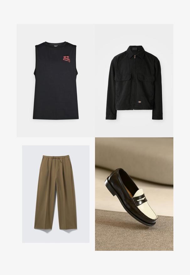 Black cotton jacket with a zip closure, point collar, two front patch pockets, and logo patch at the hem. Smooth texture, casual design.; Black sleeveless tank top with red stylized "Karma" text and abstract eyes graphic on the upper left chest.; Wide-leg trousers in olive green, made from soft fabric with an elastic waistband and adjustable drawstring. Features two side pockets.; Black leather loafer with a cream-colored vamp and black accent stripes, featuring a low heel and detailed stitching along the edges.