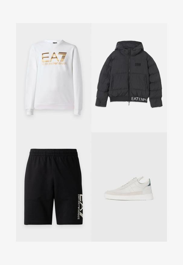Čierna puffrová bunda s kapucňou, na zips a vyšívaným logom "EA7" na hrudi. Má rebrovaný lem a bočné vrecká.; Biela mikina vyrobená z bavlny s dlhými rukávmi a okrúhlym výstrihom. Na prednej strane sa nachádza kovovo zlaté logo "EA7 EMPORIO ARMANI".; EA7 Emporio Armani TRAIN VISIBILITY - Šortky - black/cream; Biele kožené tenisky s šedými semišovými akcentmi, viazanie, pútko na päte a textúrovaná gumová podrážka s cik-cak vzorom.