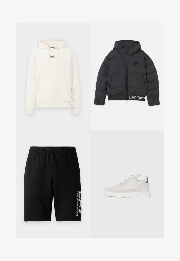 Čierna puffrová bunda s kapucňou, na zips a vyšívaným logom "EA7" na hrudi. Má rebrovaný lem a bočné vrecká.; Krémová mikina s kapucňou, predným vreckom a sťahovacou šnúrkou, s malým čiernym logom "EA7 Emporio Armani" na strede hrude.; EA7 Emporio Armani TRAIN VISIBILITY - Šortky - black/cream; Biele kožené tenisky s šedými semišovými akcentmi, viazanie, pútko na päte a textúrovaná gumová podrážka s cik-cak vzorom.