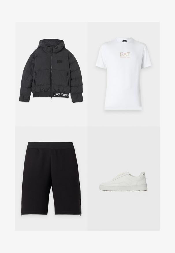 Fekete pufi dzseki kapucnival, cipzáros záródással és hímezet „EA7” logóval a mellkason. Rávarrott szegéllyel és oldalsó zsebekkel rendelkezik.; Fehér pamut póló, kerek nyakkivágással és rövid ujjakkal, az elején arany EA7 Emporio Armani logóval nyomtatva.; Fekete sportos rövidnadrág, puha anyagból készült, szoros elasztikus derékpánttal és oldalán cipzárakkal a praktikusabb használat érdekében.; Fehér bőr sportcipő sima felülettel, kerek orral, lapos fűzőkkel és texturált talppal. Finom logó található a sarokon.