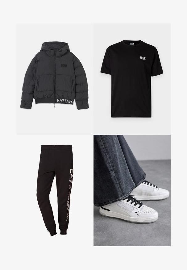 Svart pufferjacka med huva, dragkedjestängning och broderad "EA7"-logotyp på bröstet. Har ribbat avslut och sidofickor.; Svart bomull T-shirt med kort ärm, rundad hals och liten vit EA7-logotyp på vänster bröst. Slät yta, regular fit.; Svarta sweatpants i mjukt tyg, med en tapered design, elastisk midja och vit tryckt branding på vänster ben.; Vita sneakers med svarta snören och nätdetaljer. Har en slät läderöverdel och en texturerad gummisula. Parat med vida grå jeans.