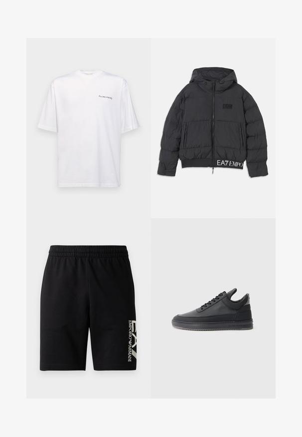 Black puffer jacket with a hood, zip closure, and embroidered "EA7" logo on the chest. Features ribbed hem and side pockets.; White short-sleeve t-shirt in cotton with a v-neck, featuring a black "FILLING PIECES" logo printed on the left side.; EA7 Emporio Armani TRAIN VISIBILITY - Shorts - black/cream; Black leather sneakers with a textured surface, lace-up design, a low top, and a grey rubber sole featuring a ridged edge.