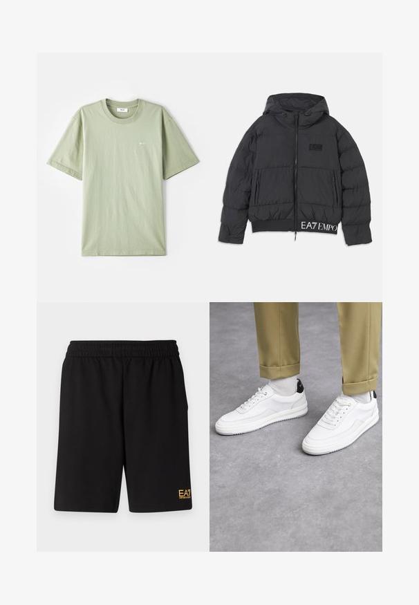 Chaqueta de plumas negra con capucha, cierre de cremallera y logotipo bordado "EA7" en el pecho. Presenta puños acanalados y bolsillos laterales.; Camiseta de algodón verde claro con mangas cortas, cuello redondo y pequeño logo blanco en el pecho. Textura suave, corte casual y diseño minimalista.; Pantalones cortos deportivos negros de tejido suave, con una cintura elástica y un pequeño logo amarillo de EA7 en la parte inferior de la pierna izquierda.; Zapatillas blancas con un acabado de cuero texturizado, punta redondeada y acento negro en el talón. Suela de goma con un pequeño patrón de relieve y detalle de costura.