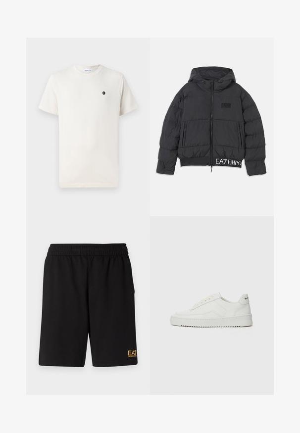 Zwarte pufferjack met capuchon, ritssluiting en geborduurd "EA7" logo op de borst. Beschikt over geribde zoom en zijzakken.; Crème katoenen T-shirt met korte mouwen, ronde halslijn en een klein zwart hexagonaal logo op de linkerkant van de borst. Glad textuur.; Zwarte sportshorts van zacht materiaal, met een elastische tailleband en een klein geel EA7-logo op de onderste linkeronderbroek.; Witte leren sneaker met een gladde afwerking, ronde neus, platte veters en een gestructureerde zool. Kenmerkt zich door een subtiel logo op de hiel.