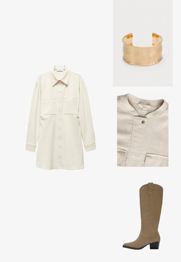 Beige linnen shirt met een ronde kraag, centrale drukknoopsluiting en twee voorzakken. Heeft een subtiele textuur en een minimalistisch ontwerp.; Rode gebreide cardigan met een ronde halslijn, knoopsluiting en opgevulde mouwen. Geweven ribbels over de gehele lengte en een cropped lengte.; Mango HOBO - Blousejurk - off-white; Kniehoge tan suède laarzen met een puntige neus, een gestapelde hak en stiksel details langs de zijkanten. Smooth texture en gestructureerd ontwerp.; Geweven beige tas met een gebogen vorm, voorzien van een ritsluiting, verstelbare schouderband en een gestructureerd oppervlak met een vlechtpatroon.; Goudkleurige manchetarmband met een gladde, golvende oppervlak, met een gestructureerde binnenkant en een open ontwerp, wat een organische vorm creëert.