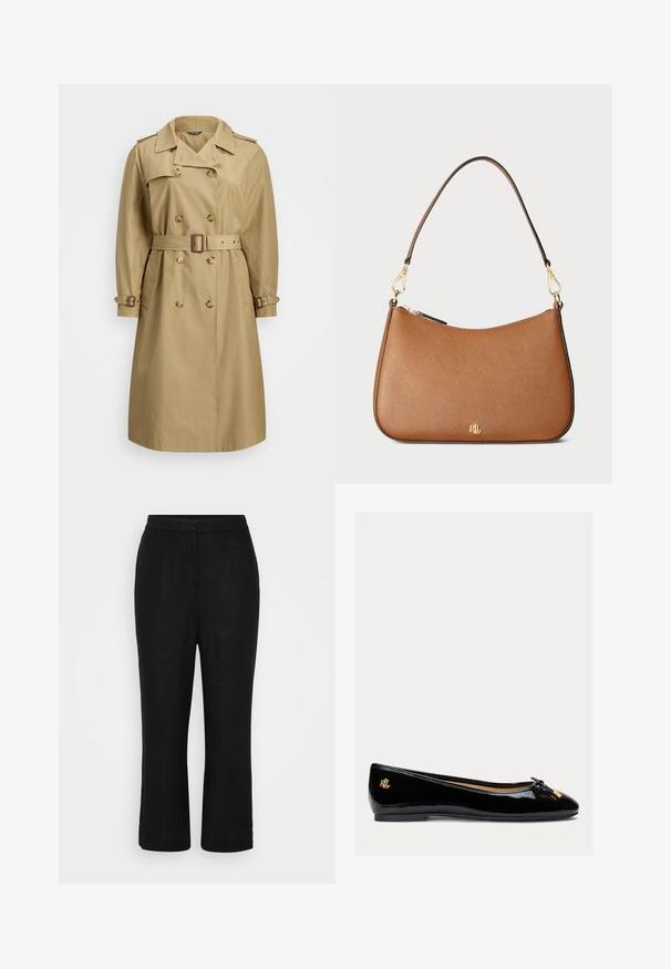 Gabardina beige con un frente de doble botonadura, grandes solapas, cinturón en la cintura y puños ajustables; tejido suave con un diseño clásico.; Top blanco ajustado con escote barco, mangas cortas con puños y un tejido suave y liso. Diseño sencillo sin patrones ni adornos.; Pantalones de lino negros con corte recto, cintura a media altura y longitud recortada, que presentan una textura suave y sin cierres visibles.; Bailarinas de charol negro con puntera redondeada, acento de lazo, detalle de hardware dorado y sutil logotipo en el tacón. Diseño de suela plana.; Bolso de mano de cuero marrón texturizado con forma curva, herrajes en tono dorado y una sola correa para el hombro. Cuenta con cierre de cremallera y detalle del logotipo.