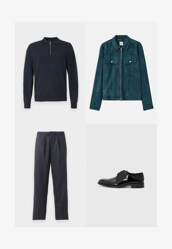 Turkoosi mokkajakku, jossa on kaulus, vetoketjusulku, etutaskut ja hopeiset yksityiskohdat. Sisältää pystysuoria paneeleja ja sileän pinnan.; Merenkulkualus sininen neulepaita, joka on valmistettu neuloksesta ja jossa on vetoketju kauluksessa, pitkät hihat ja istuva helma. Yksinkertainen, yksivärinen muotoilu.; Tummansiniset housut, jotka on valmistettu pehmeästä kankaasta ja niissä on pleidattu etuosa sekä joustava vyötärö. Varustettu napilla suljettavalla ja suoran lahkeen leikkauksella.; Musta puku kengät kiiltävällä lakatuilla pinnoilla, pyöreällä varvalla ja ulkoisilla ompeleilla. Varustettu matalalla korolla ja nauhakäytöllä.