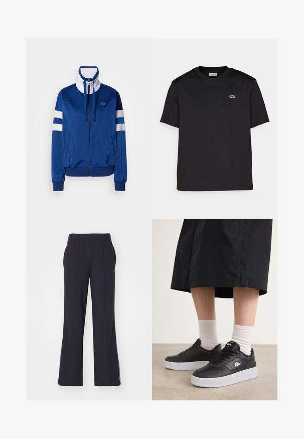 Modra poliester tracksuit jakna z visokim ovratnikom, sprednjim zadrgo, belimi detajli in črtami. Ima logo na levem prsnem delu.; Črna bombažna majica s krožnim izrezom, kratkimi rokavi in majhnim zelenim vezenim logotipom na levem prsnem delu. Preprost dizajn.; Lacoste Spodnji deli trenirk - abysm; Črne usnjene superge z belo gumijasto podplatom, z logotipom na strani, okroglo konico in črnimi vezalkami. Uporabljene z belimi nogavicami.