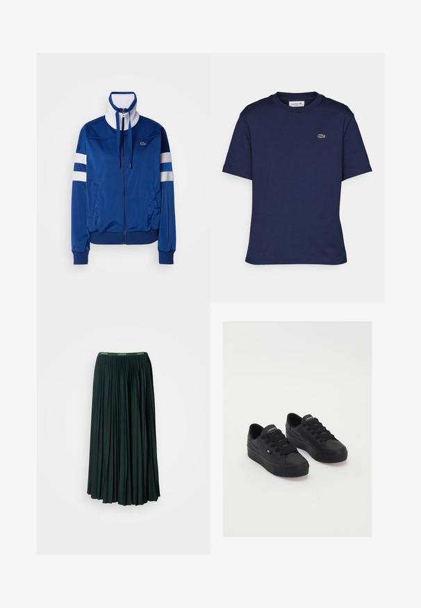 Chaqueta de chándal de poliéster azul con un cuello alto, cremallera frontal, acentos blancos y franjas. Presenta un logo en el lado izquierdo del pecho.; Camiseta de algodón de manga corta en color azul marino, con cuello redondo y un pequeño logo verde de Lacoste en el lado izquierdo del pecho.; Larga falda plisada en verde oscuro con una cinturilla ancha que presenta el nombre de la marca "LACOSTE" en letras verdes contrastantes.; Zapatillas bajas negras de material suave, con cordones gruesos, una suela texturizada y un pequeño logo en el lateral y la lengüeta.