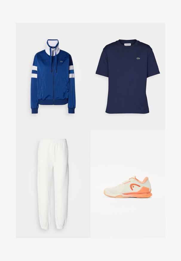 Plavi poliester trenerka jakna s visokim ovratnikom, prednjim zatvaračem, bijelim naglascima i prugama. Ima logo na lijevoj strani prsnog koša.; Majica kratkih rukava tamnoplave boje napravljena od pamuka, s okruglim izrezom i malim zelenim Lacoste logotipom na lijevoj strani prsnog koša.; Bijele dukserice od mekog, pletenog materijala. Elastična pojas i manžetne pružaju opuštenu siluetu. Minimalistički dizajn, bez vidljivih uzoraka ili detalja.; Tenisice u svijetloj krem boji s teksturiranim mrežastim gornjim dijelom, breskvastim naglascima i prepoznatljivim logotipom. Imaju fleksibilnu gumenu petu za bolje prianjanje.