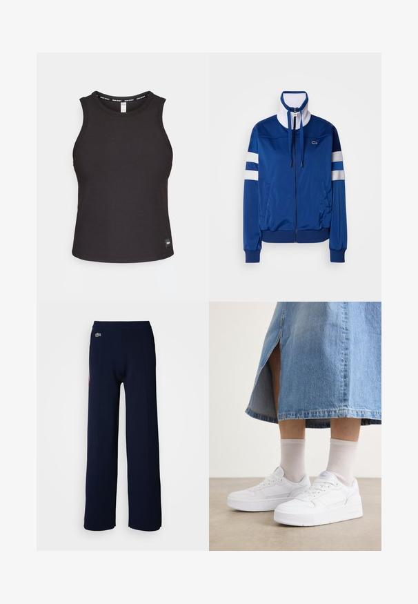 Jaqueta de fato de treino azul em poliéster com colarinho alto, fecho frontal, detalhes em branco e riscas. Apresenta um logótipo no lado esquerdo do peito.; Camisola preta de alças canelada, com decote redondo, design sem mangas e um rótulo de marca na bainha. Textura suave e molde ajustado.; Calças largas azul marinho com uma textura suave, apresentando uma cintura canelada e um pequeno logo verde na parte da frente, destacando um design limpo.; Tenis brancos em couro texturizado, com sola plataforma, bico arredondado e sistema de atacadores; combinados com meias de crew cinza claro e uma saia de ganga.