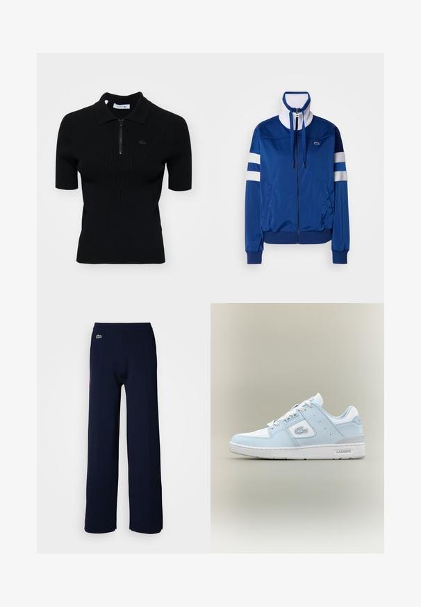 Niebieska kurtka dresowa z poliestru z wysokim kołnierzem, zamkiem błyskawicznym z przodu, białymi akcentami i paskami. Ma logo na lewej piersi.; Czarny polo z prążkowanego materiału, z krótkimi rękawami, zamkiem błyskawicznym przy kołnierzu oraz subtelnym detalem logo. Wykonany z teksturowanej dzianiny.; Granatowe spodnie o szerokich nogawkach, wykonane z miękkiego materiału, z żebrowanym paskiem w talii i małym zielonym logo z przodu, podkreślające czysty design.; Jasnoniebieskie skórzane trampki z białymi akcentami, zaokrąglony czubek, teksturowana panel boczny i szara pięta. Posiada klasyczny sznurowany design.