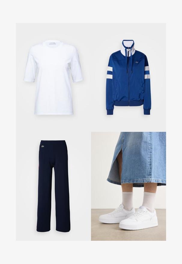 Blå polyester træningsjakke med høj krave, frontlynt og hvide accenter og striber. Feature et logo på venstre bryst.; Hvid bomulds T-shirt med korte ærmer, rund halsudskæring og et diskret broderet logo på brystet. Glat tekstur, klassisk pasform.; Mørkeblå vidde bukser med en blød tekstur, der har en ribbet talje og et lille grønt logo foran, som fremhæver et rent design.; Hvide sneakers i struktureret læder med en platformssål, rund tå og snøresystem; parret med lys grå ankelsokker og en denim-nederdel.