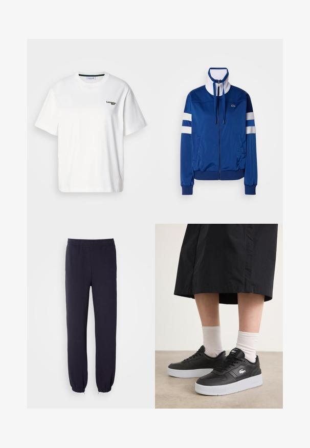 Sinine polüesterist jooksuülikonna jakk, millel on kõrge krae, esine lukuga, valged aktsendid ja triibud. Vasakul rinnal on logo.; Valge puuvillane T-särk, millel on mugav lõige, rohelise broderi logo vasakul rinnal ja ümmargune kaelus. Sile tekstuur.; Tumed teksad elastse vöökoha ja kokku tõmmatud äärtega. Valmistatud pehmest kangast, millel on sile tekstuur, ilma nähtavate mustrite või kaunistusteta.; Mustad musta nahast tossud valge kummist tallaga, millel on logo küljel, ümmargune varvas ja mustad lipsud. Kandsid valgete sokkidega.
