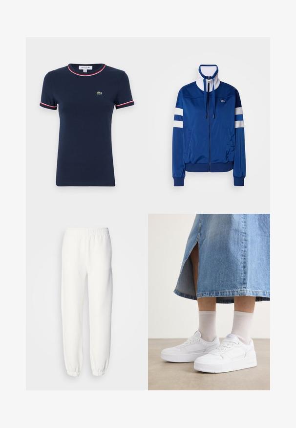 Zils poliestera sporta uzvalka žakets ar augstu apkakli, priekšējo rāvējslēdzēju, baltām akcentiem un svītrām. Uz kreisā krūšu daļā ir logo.; Navy zils kokvilnas T-krekls ar īsām piedurknēm, sarkanu un balti svītru akcenti ap apkakli un piedurknēm, ar zaļu izšūtu logotipu uz krūtīm.; Baltās sporta bikses, kas izgatavotas no mīksta adīta auduma. Elastīga josta un piedurknes nodrošina brīvu piegriezumu. Minimālistisks dizains, bez redzamām rakstu vai akcentu detaļām.; Baltas sniegpārsteidzis ar teksturētu ādu, ar platformas zoli, apaļu purngalu un auklu sistēmu; savienots ar gaiši pelēkiem ceļgalu augstiem zeķēm un džinsa svārkiem.