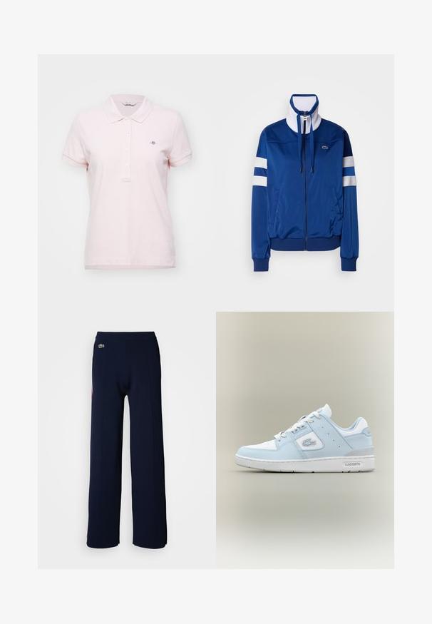 Blå polyester treningsjakke med høy krage, frontlås, hvite detaljer og striper. Har en logo på venstre bryst.; Lys rosa polo skjorte laget av bomull, med klassisk krage, korte ermer, fem knapper foran og en liten brodert logo.; Mørkeblå vide bukser med en blød tekstur, der har en ribbet talje og et lille grønt logo på forsiden, hvilket fremhæver et rent design.; Lyseblå lærersneakers med hvite detaljer, rund tå, teksturert panel på siden og grå hæl. Har klassisk snøring.