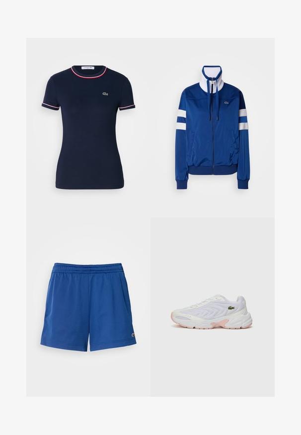 Blå polyester treningsjakke med høy krage, frontlås, hvite detaljer og striper. Har en logo på venstre bryst.; Marineblå bomull T-skjorte med rund hals, korte ermer og rød og hvit kant. Har en liten grønn logo på venstre bryst.; Blå atletiske shorts laget av lett materiale med elastisk midjebånd, med sidelommer og en liten logo nær sømmen.; Hvite joggesko med et teksturert mesh-overdel, subtile rosa detaljer på sålen, og en grønn krokodillelogo på siden.