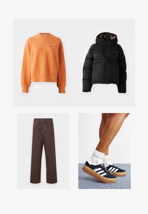 Giacca a vento nera con cappuccio, dotata di chiusura con zip, design a righe orizzontali e un morbido rivestimento interno testurizzato. Logo Carhartt ben visibile.; Felpa arancione in morbido cotone, con collo a girocollo a coste, maniche lunghe e un piccolo logo ricamato sul petto.; Pantaloni in denim marrone a gamba larga con cuciture a contrasto, cinque tasche e chiusura con bottone metallico. Texture liscia, taglio dritto.; Sneakers in pelle scamosciata nera con strisce e dettagli bianchi, punta arrotondata, suola in gomma color gomme, abbinate a calzini bianchi a coste alla caviglia.