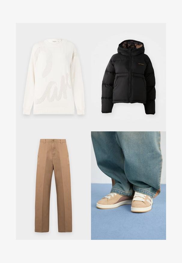 Schwarze Daunenjacke mit Kapuze, ausgestattet mit einem Reißverschluss, horizontalem Steppmuster und einem weichen, strukturierten Innenfutter. Carhartt-Logo sichtbar.; Weißer gestrickter Pullover mit einem großen Netzmuster, das das Wort "Kuchen" ähnelt. Gerippter Ausschnitt und Bündchen; weiche Textur.; Braune Baumwollhose mit geradem Bein, ausgestattet mit Knopfverschluss, Gürtelschlaufen und minimalen Nähten für ein sauberes Erscheinungsbild.; Beige Sneaker aus Wildleder und Stoffmaterialien, mit weißen Schnürsenkeln, hellbraunen Akzenten und einer strukturierten Sohle. Kombiniert mit lockeren blauen Jeanshosen.