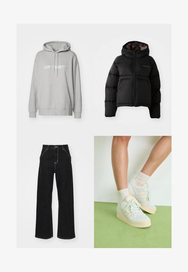 Črna puhovka s kapuco, z zadrgo, vodoravno prešitimi vrstami in mehkim, teksturiranim notranjim obloge. Prikazan logotip Carhartt.; Carhartt WIP HOODED - Športni pulover - basalt/white; Črne široke kavbojke iz denima, ki imajo kontrastne bele šive in sprednje gumbno zapiranje, ter dve nagnjeni sprednji žepi.; Svetlozelene teniske z teksturirano površino, ki vsebujejo tri bele črte, smetanasto gumijasto podplat in vezalni design. Nosi se z svetlimi nogavicami.