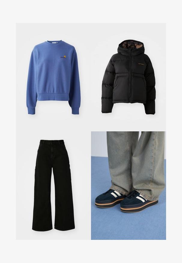 Mustat puffatakki, jossa on huppu, vetoketjukiinnitys, vaakasuora tikattu muotoilu ja pehmeä, texturoitu sisävuori. Carhartt-logo esillä.; Sininen collegepaita, joka on valmistettu puuvillasekoitteesta ja jossa on pyöreä kaula-aukko sekä joustavat hihansuut. Rinnassa koriin brodeerattu logo oranssilla ja punaisella.; Mustat leveälahkeiset cargo-housut, jotka on valmistettu denimistä ja joissa on korkea vyötärö, etunapitus ja sivutaskut. Silkkinen pinta, jossa on minimaalinen ompelu.; Tummansiniset mokka-alustakengät valkoisilla raidoilla ja mustilla nauhoilla. Varustettu paksulla ruskealla kumipohjalla. Yhdistetty vaaleansinisiin farkkuihin.