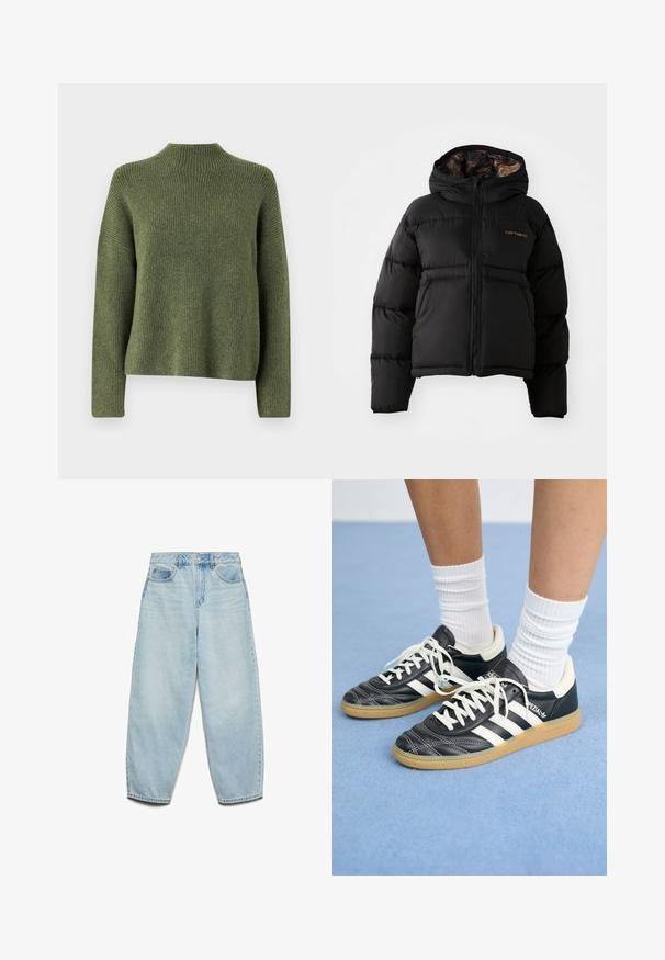 Čierna páperová bunda s kapucňou, s uzáverom na zips, horizontálnym prešívaním a jemným, textúrovaným vnútorným podšívkou. Zobrazené logo Carhartt.; Olivovo zelený pletený sveter s vysokým golierom a dlhými rukávmi, s voľným strihom a jemnou textúrou. Žiadne viditeľné vzory ani akcenty.; Svetlomodré denimové džínsy s voľným strihom, vysokým pásom a širokými nohavicami so slabým jemným opotrebením a klasickým dizajnom piatich vreciek.; Čierne kožené tenisky s bielymi pruhmi, okrúhlou špičkou, bielymi šnúrkami a gumovou podrážkou. Vyzdvihujú ich vypchávkovaný golier a detaily s logom.