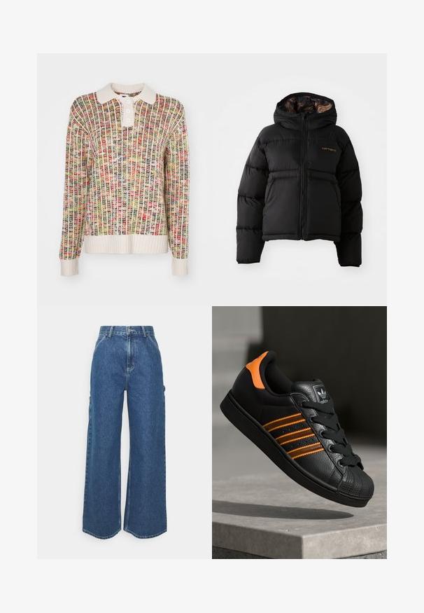 Casaco puffer preto com capuz, apresentando um fecho com zíper, design acolchoado horizontal e um forro interior macio e texturizado. Logótipo da Carhartt visível.; Sweater de malha com decote com colarinho. Apresenta riscas verticais multicoloridas em vermelho, verde, amarelo e creme. Textura de peso médio.; Calças de ganga azuis de perna larga com cintura alta, costuras em contraste e bolsos laterais, apresentando um design clássico de cinco bolsos e bainhas desfiadas.; Sapatilha preta com detalhes laranja, três riscas horizontais, parte superior em couro texturizado, bico de borracha e atacadores pretos.