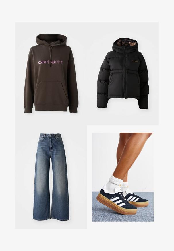 Giacca a vento nera con cappuccio, dotata di chiusura con zip, design a righe orizzontali e un morbido rivestimento interno testurizzato. Logo Carhartt ben visibile.; Felpa con cappuccio marrone e tasca a marsupio sul davanti, con lettering rosa del marchio "carhartt". Realizzata in tessuto morbido, con finitura texture.; Jeans ampi a vita alta blu con bottone frontale e tasche, texture sbiadita sulle cosce e orlo dritto.; Sneakers in pelle scamosciata nera con strisce e dettagli bianchi, punta arrotondata, suola in gomma color gomme, abbinate a calzini bianchi a coste alla caviglia.