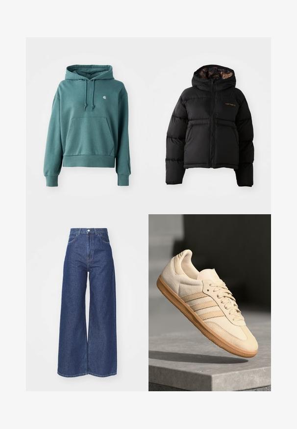 Fekete puffernadrág kapucnival, cipzárral záródik, vízszintes steppelt kialakítással és puha, texturált belső béléssel rendelkezik. Carhartt logóval ellátva.; Pszichológus zöld kapucnis pulóver, puha anyagból készült, kenguruzsebbel, rugalmas mandzsettákkal és egy apró logóval a mellrészen.; Sötétkék farmer széles szárú nadrág. Magas derekú kialakítással, cipzáras és gombos záródással. Klasszikus öt zsebes dizájnnal és rojtos szélekkel rendelkezik.; Világos bézs velúr sportcipő, gumitalppal, három átlós csíkkal és texturált orral. A díszítés a nyelven és az oldalon található.