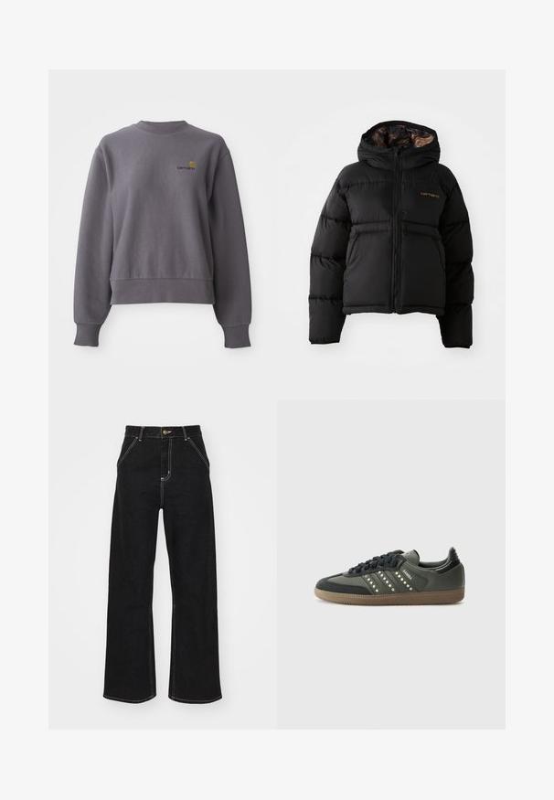 Casaco puffer preto com capuz, apresentando um fecho com zíper, design acolchoado horizontal e um forro interior macio e texturizado. Logótipo da Carhartt visível.; Sweatshirt cinza confeccionado em tecido misto de algodão. Apresenta um decote redondo, punhos canelados e um pequeno logótipo bordado no peito.; Calças de ganga largas pretas, com costuras brancas em contraste e fecho frontal com botão, apresentando dois bolsos frontais inclinados.; adidas Originals SAMBA OG - Sapatilhas - core black/legend earth/gum
